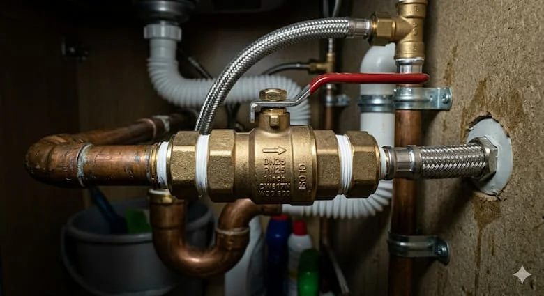 Van nước bằng đồng thau được lắp đặt trong hệ thống đường ống nước nhà ở, kết nối với đường ống nước dưới bồn rửa và đường ống trên tường, môi trường đường ống nước gia đình chân thực
