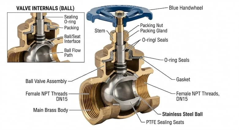 Hình minh họa kỹ thuật mặt cắt ngang của van nước ren trong DN15 (21mm), thể hiện cơ cấu van bi bên trong, kết nối ren, gioăng làm kín