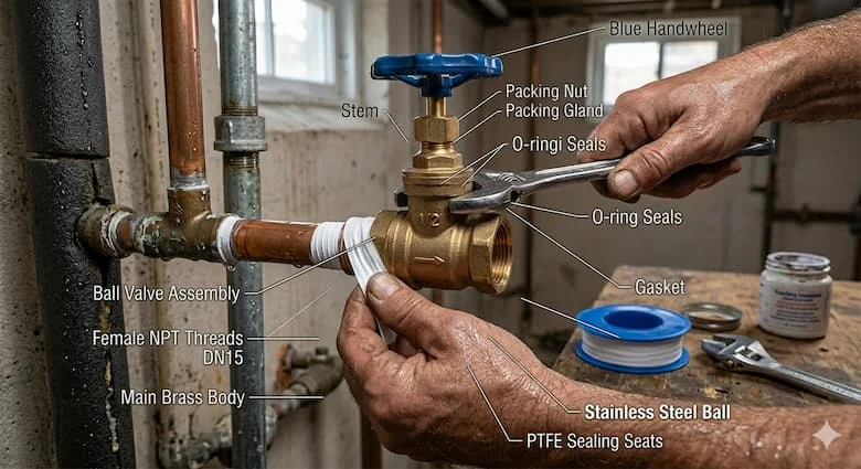 Một người thợ sửa ống nước đang lắp đặt van nước ren trong bằng đồng thau DN15 (21mm) vào hệ thống đường ống nước, sử dụng cờ lê và băng keo PTFE, cảnh sửa chữa đường ống nước gia đình thực tế