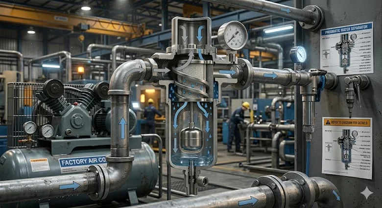 Bộ tách nước khí nén công nghiệp được lắp đặt trong hệ thống đường ống khí nén của nhà máy, hệ thống khí nén thực tế với đường ống thép, bộ tách ẩm được kết nối với máy nén khí