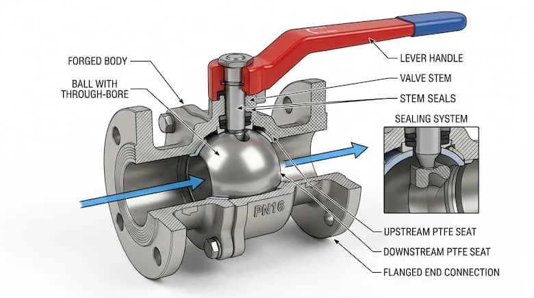 Hình ảnh kỹ thuật mặt cắt ngang của van tay gạt DN50, thể hiện cơ cấu bi bên trong, hệ thống làm kín và hướng dòng chảy của nước