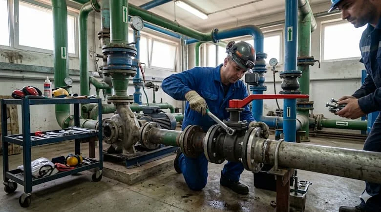 Một kỹ thuật viên đang lắp đặt van tay DN50 vào hệ thống đường ống nước công nghiệp, kết nối mặt bích, môi trường phòng máy móc nhà máy thực tế