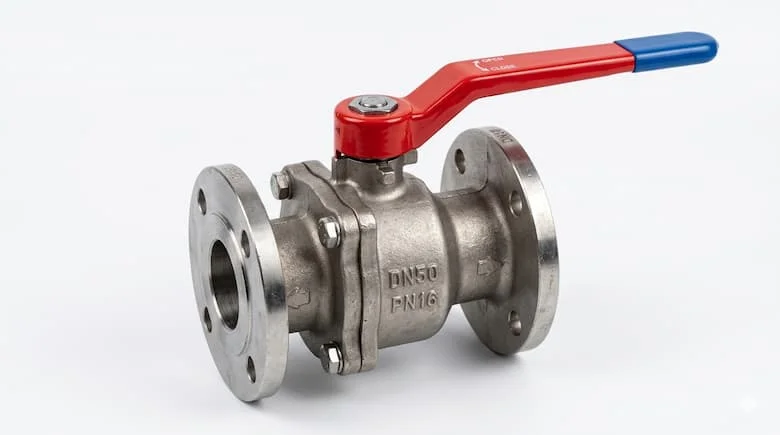 Van bi công nghiệp DN50 tay gạt thực tế, tay cầm màu đỏ hoặc xanh dương, thân bằng thép không gỉ hoặc gang