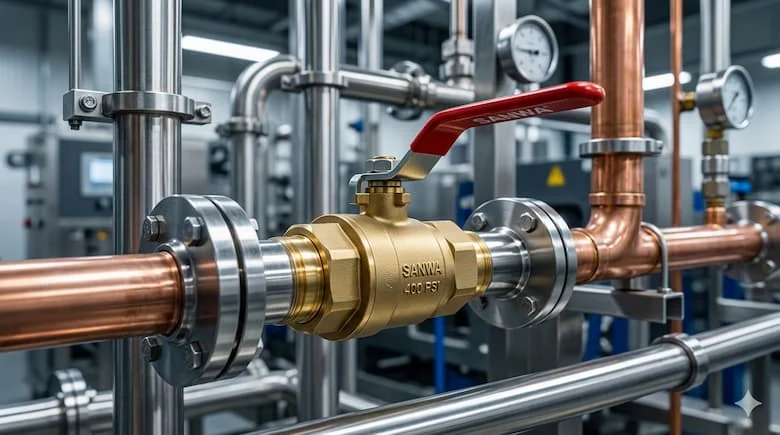 hình ảnh van thau Sanwa được lắp đặt trong hệ thống đường ống cấp nước công nghiệp, môi trường nhà máy sạch sẽ, đường ống inox và đồng