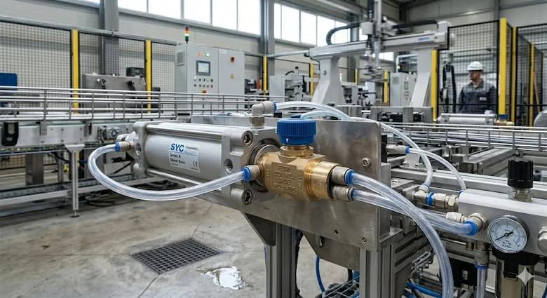 Van điều khiển lưu lượng khí nén được lắp đặt trên xi lanh trong hệ thống tự động hóa công nghiệp, ống dẫn khí, xi lanh khí nén và các phụ kiện