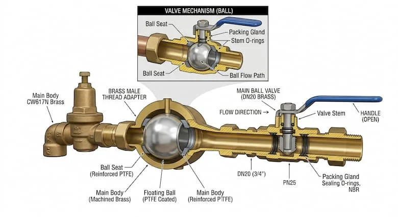 Hình ảnh kỹ thuật mặt cắt ngang của van khóa nước chính, thể hiện cấu trúc bên trong bao gồm bi, cơ cấu cửa van, vòng đệm và các bộ phận khác