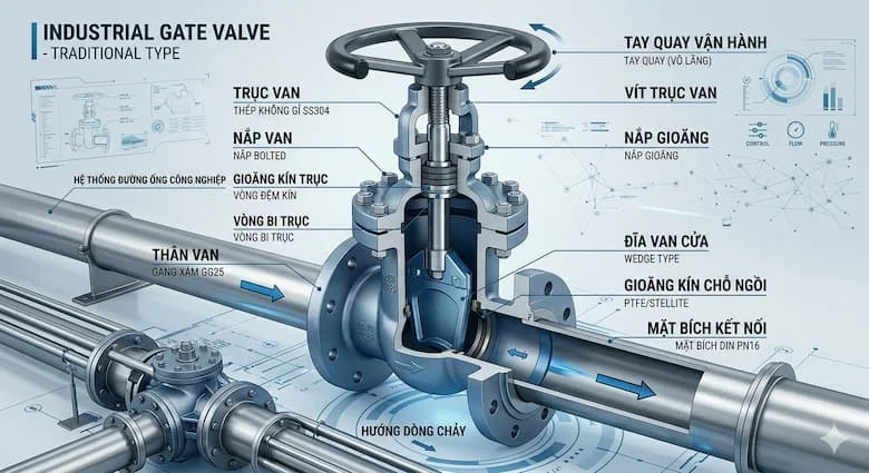 ảnh infographic mô phỏng cấu tạo van truyền thống công nghiệp, hiển thị các bộ phận gồm thân van, trục van, gioăng kín, tay gạt hoặc tay quay
