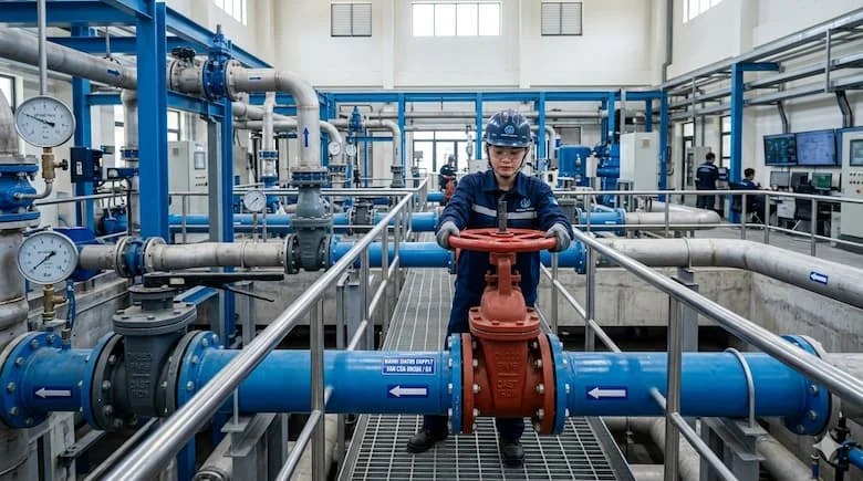 ình ảnh van truyền thống vận hành bằng tay đang lắp trên hệ thống đường ống công nghiệp hoặc hệ thống cấp nước, có kỹ sư thao tác đóng mở van bằng tay quay hoặc tay gạt, môi trường kỹ thuật hiện đại
