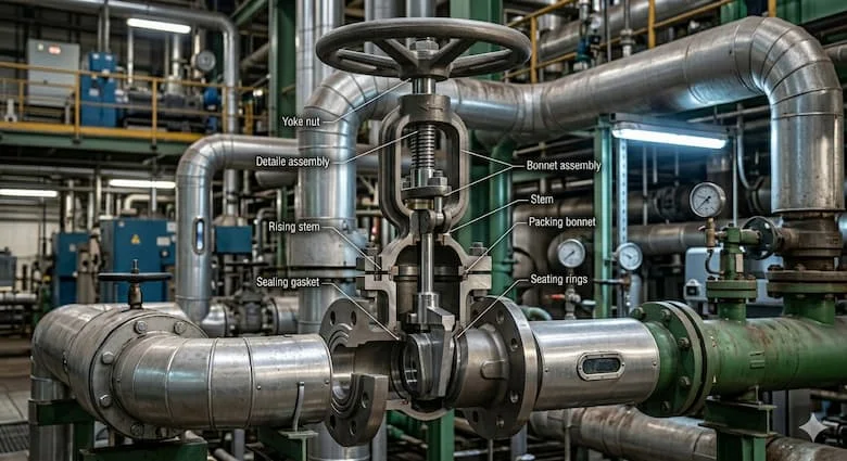 Van cổng nâng hạ được lắp đặt trên hệ thống đường ống nước công nghiệp, van cổng mặt bích lớn trong môi trường đường ống nhà máy, nhà máy công nghiệp thực tế