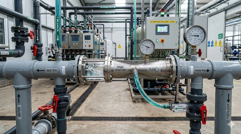 hình ảnh van venturi đang lắp trên hệ thống đường ống nước công nghiệp, kết nối với hệ thống châm phân tự động trong nông nghiệp hoặc nhà máy xử lý nước