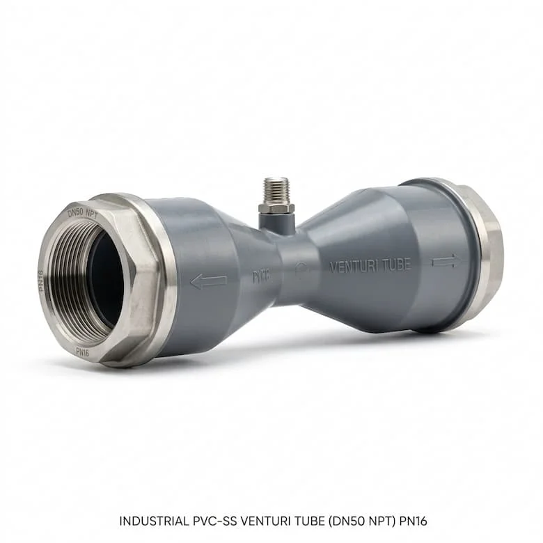 ảnh sản phẩm van venturi công nghiệp bằng nhựa PVC và inox, thiết kế dạng ống