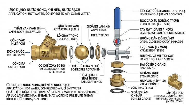 Hình ảnh tháo rời van nước bằng đồng thau, thể hiện các bộ phận bên trong như bi, trục, gioăng và thân van