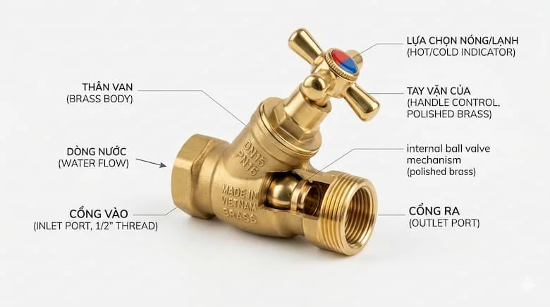 Van vòi nước bằng đồng thau, bề mặt đồng thau được đánh bóng, chi tiết ren và tay cầm tinh xảo