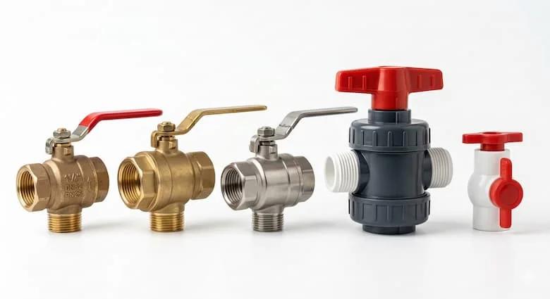 Các loại van xả đáy khác nhau cho bồn chứa nước, bao gồm van bằng đồng thau, thép không gỉ và nhựa PVC