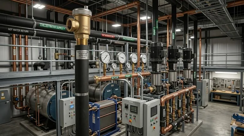 Hệ thống HVAC và đường ống nước thực tế với van xả khí tự động được lắp đặt ở điểm cao nhất của đường ống