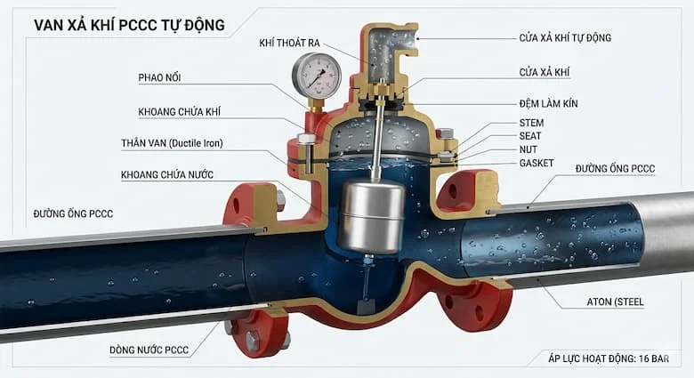 hình ảnh cắt lớp kỹ thuật của van xả khí PCCC tự động, hiển thị rõ cấu tạo bên trong gồm phao nổi, khoang chứa khí, cửa xả khí và dòng nước trong đường ống