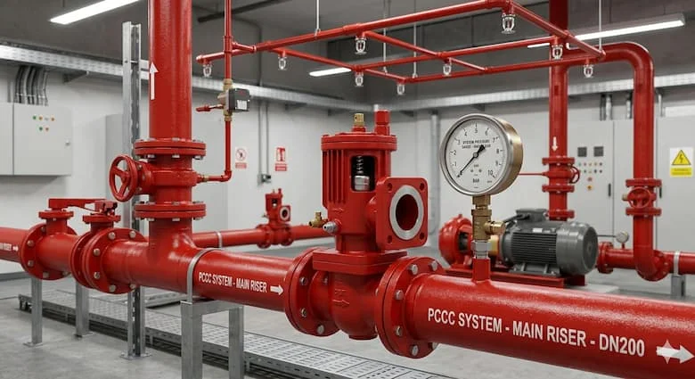 hình ảnh van xả khí PCCC được lắp đặt trên hệ thống sprinkler chữa cháy trong phòng kỹ thuật hiện đại, đường ống PCCC màu đỏ, đồng hồ áp suất và van công nghiệp xung quanh