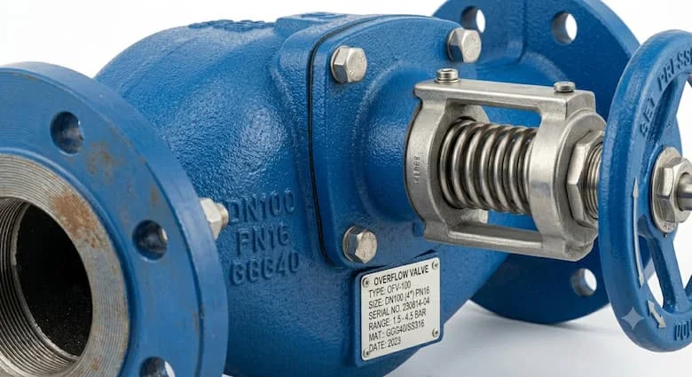 Ảnh chụp cận cảnh van tràn DN100 cho thấy các bu lông mặt bích, thân van, cơ cấu xả áp, kết cấu kim loại công nghiệp