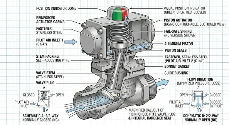 Hình ảnh kỹ thuật cắt ngang của van góc khí nén cho thấy bộ truyền động piston, trục van, gioăng PTFE, thân van và hướng dòng chảy