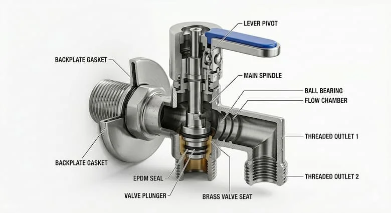 Hình ảnh cận cảnh mặt cắt ngang cấu trúc vòi nước ngoài trời, cơ chế van bên trong chi tiết, các bộ phận đường ống bằng thép không gỉ