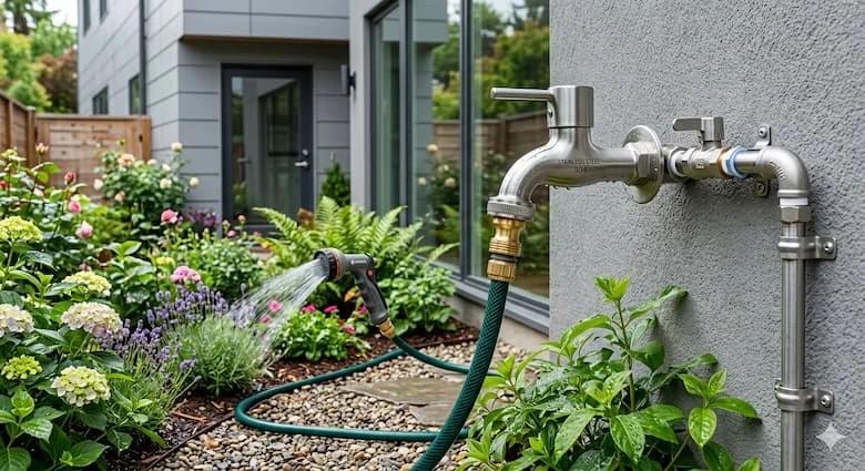 Vòi nước ngoài trời lắp đặt trên tường vườn, hình ảnh chân thực vòi hồ inox nối với đường ống nước, cảnh tưới cây trong vườn