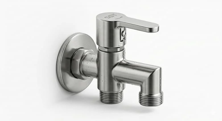 Vòi nước ngoài trời bằng thép không gỉ siêu thực, vòi hồ inox gắn trên nền trắng, chụp ảnh sản phẩm vòi nước công nghiệp