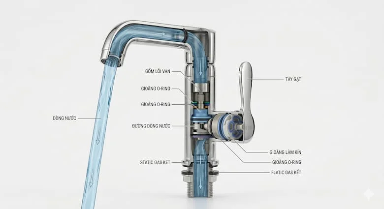 hình ảnh cắt lớp kỹ thuật của vòi xả nước inox 304, hiển thị rõ cấu tạo bên trong gồm lõi van, gioăng làm kín, tay gạt và đường dòng nước