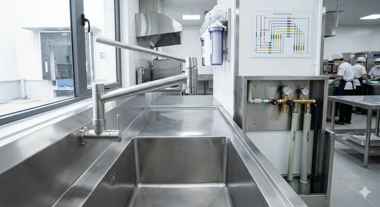 hình ảnh vòi xả nước inox 304 được lắp đặt trong khu vực nhà bếp công nghiệp hoặc hệ thống cấp nước hiện đại, bề mặt inox sạch sẽ, môi trường chuyên nghiệp
