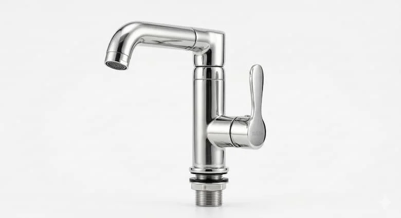 ảnh sản phẩm vòi xả nước inox 304 cao cấp, thiết kế hiện đại, bề mặt inox sáng bóng chống gỉ, hiển thị rõ thân vòi, tay gạt và đầu ren kết nối