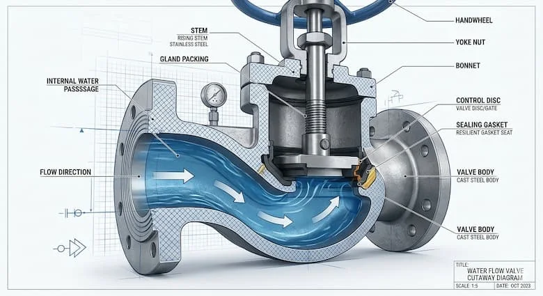 Hình minh họa kỹ thuật chi tiết mặt cắt của van điều tiết lưu lượng nước, thể hiện thân van, đĩa điều khiển, trục van, gioăng làm kín, hướng dòng chảy và đường dẫn nước bên trong