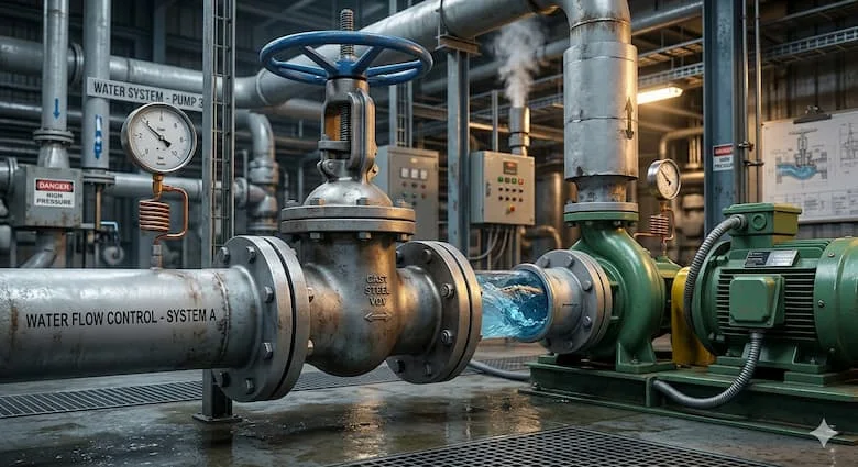 Van điều tiết lưu lượng nước công nghiệp được lắp đặt trong hệ thống đường ống nước lớn, kết nối với đồng hồ đo áp suất và máy bơm, môi trường nhà máy thực tế, hệ thống nước chảy