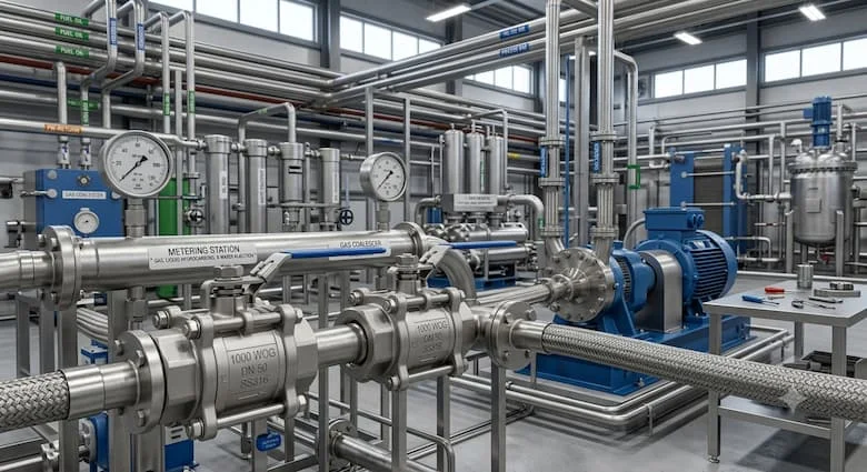 một khung cảnh công nghiệp chân thực thể hiện 1000 van bi bằng thép không gỉ WOG được lắp đặt trong hệ thống đường ống áp suất cao vận chuyển nước, dầu và khí đốt