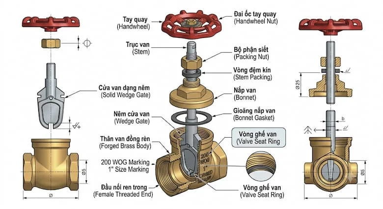 sơ đồ kỹ thuật chi tiết của van cổng bằng đồng thau 200 WOG, thể hiện tất cả các bộ phận bên trong bao gồm thân van, nắp van, trục van, van nêm, gioăng làm kín, đầu ren, tay quay, hình minh họa kỹ thuật có chú thích