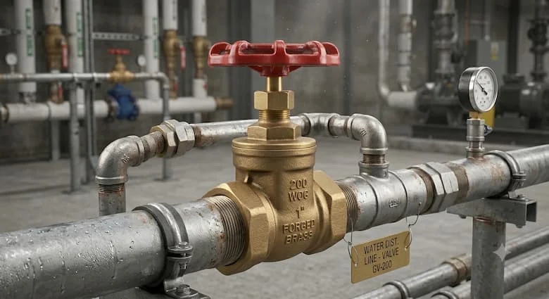 một hệ thống đường ống công nghiệp thực tế với van cổng bằng đồng thau 200 WOG được lắp đặt trên đường ống phân phối nước, các mối nối ren lộ rõ, môi trường nhà máy công nghiệp, lắp đặt đường ống chuyên nghiệp
