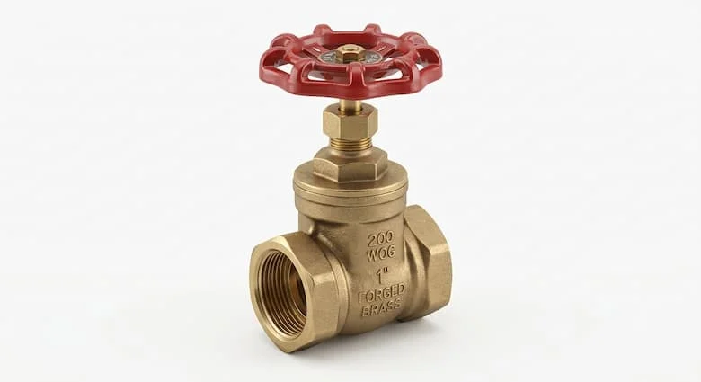  ảnh chụp sản phẩm chuyên nghiệp về van cổng bằng đồng thau 200 WOG, tay quay màu đỏ, thân bằng đồng thau rèn, kết nối ren, thiết bị van công nghiệp, được tách biệt trên nền trắng tinh khiết, kết cấu kim loại siêu thực