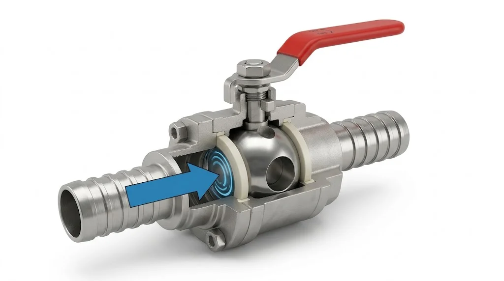 Giới thiệu chi tiết cấu tạo van bi inox 304 có đầu nối hose barb ở hai đầu.