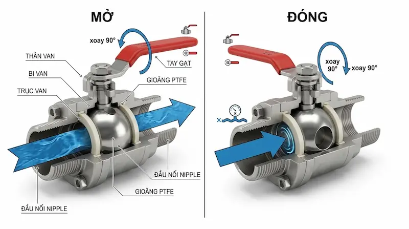 Nguyên lý hoạt động đóng mở của van bi inox 304