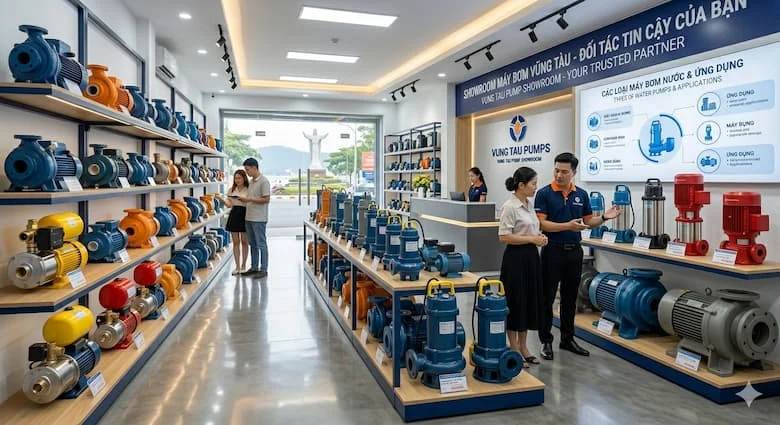 Showroom máy bơm nước hiện đại tại Vũng Tàu, Việt Nam, trưng bày nhiều loại máy bơm nước trên kệ, cửa hàng bán lẻ chuyên nghiệp, khách hàng được tư vấn bởi nhân viên kỹ thuật