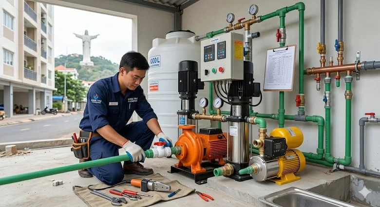 Kỹ thuật viên chuyên nghiệp lắp đặt hệ thống bơm nước tại một tòa nhà dân cư ở Vũng Tàu, Việt Nam, hệ thống cấp thoát nước hiện đại, kiểm tra kỹ thuật, môi trường làm việc thực tế