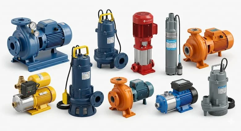 Bộ sưu tập các loại bơm nước chất lượng cao, bao gồm bơm ly tâm, bơm tăng áp, bơm chìm và bơm nước công nghiệp, được trưng bày trên nền trắng, ảnh chụp sản phẩm chuyên nghiệp