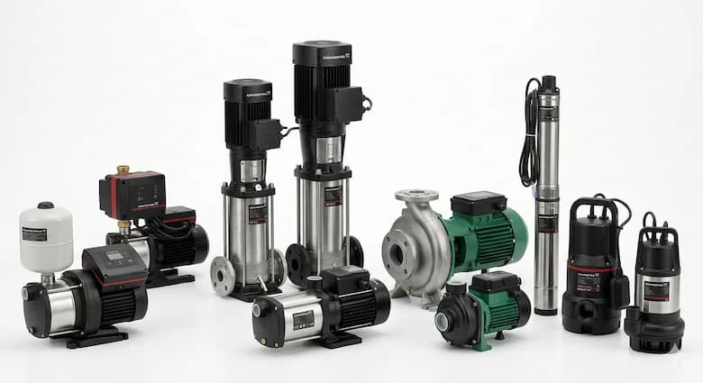 Bộ sưu tập các loại bơm nước Grundfos khác nhau, bao gồm bơm tăng áp, bơm ly tâm, bơm chìm và bơm đa tầng, được sắp xếp chuyên nghiệp để trình bày trong catalog công nghiệ