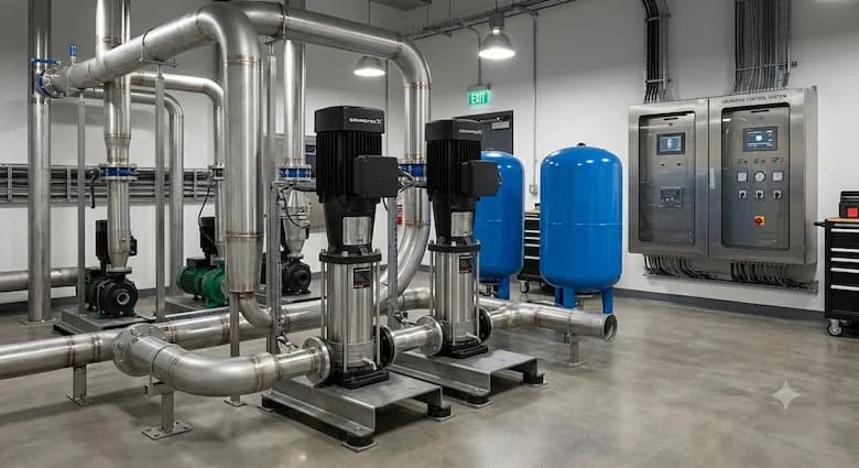 Máy bơm nước Grundfos được lắp đặt trong hệ thống cấp nước của một tòa nhà hiện đại, đường ống bằng thép không gỉ, bình áp lực, bảng điều khiển, phòng máy chuyên nghiệp