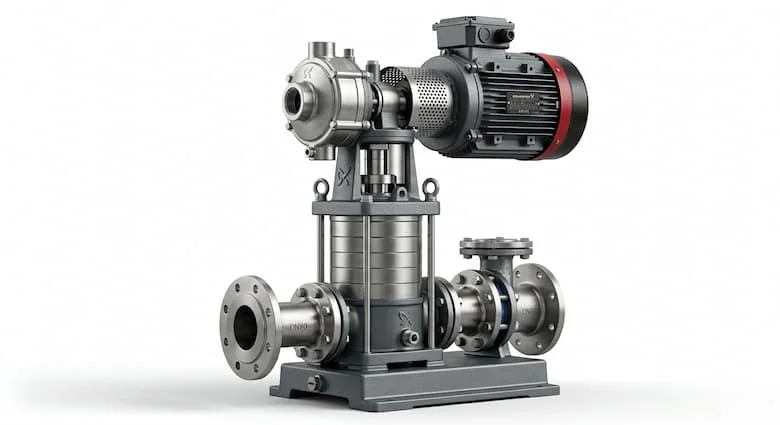 Máy bơm nước Grundfos siêu thực, máy bơm nước công nghiệp cao cấp, cấu tạo bằng thép không gỉ và gang, ảnh sản phẩm chuyên nghiệp, tách biệt trên nền trắng