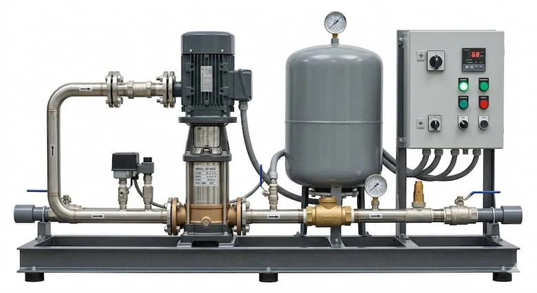 ảnh sản phẩm thương mại độ phân giải cao cho một hệ thống bơm tăng áp nước hoàn chỉnh. Bao gồm bơm ly tâm nhiều tầng, bình áp lực, đồng hồ đo áp suất, bảng điều khiển, van một chiều và đường ống kết nối được lắp đặt trên khung đế bằng thép