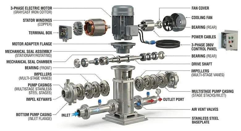 Sơ đồ chi tiết các bộ phận của máy bơm nước 3 pha 380V, thể hiện động cơ, cánh quạt, vỏ bơm, trục, ổ bi, phớt cơ khí và các cửa hút/xả, hình minh họa kỹ thuật
