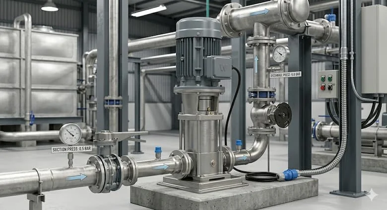 Máy bơm nước công nghiệp 3 pha 380V được lắp đặt trong môi trường nhà máy, bơm ly tâm bằng thép không gỉ được kết nối với hệ thống đường ống công nghiệp