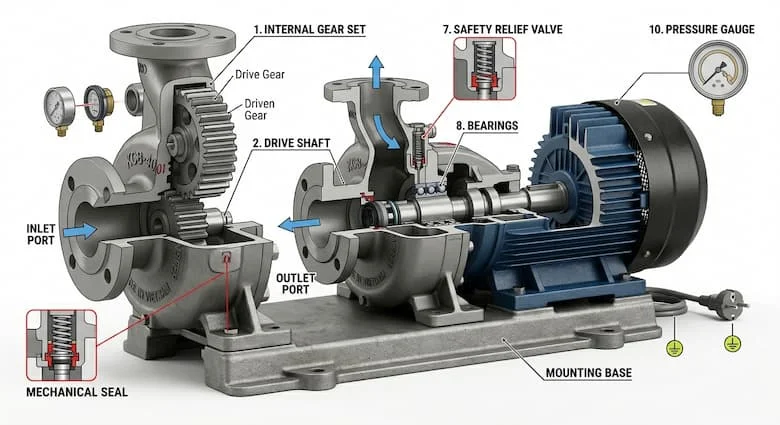 Sơ đồ cắt kỹ thuật của bơm bánh răng KCB, thể hiện bộ bánh răng bên trong, trục dẫn động, vỏ bơm, cửa hút, cửa xả, phớt cơ khí, van an toàn, hình chiếu tháo rời