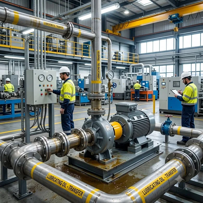 Máy bơm bánh răng KCB được lắp đặt trong hệ thống truyền dẫn dầu công nghiệp, bơm dầu bôi trơn qua các đường ống thép bên trong nhà máy hiện đại, môi trường máy móc công nghiệp thực tế