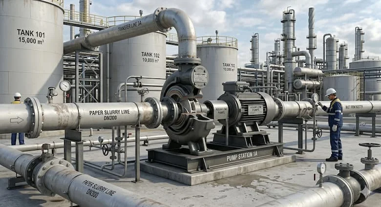 Nhà máy giấy công nghiệp với máy bơm bột giấy vận chuyển hỗn hợp giấy qua các đường ống lớn, cơ sở sản xuất giấy hiện đại, môi trường công nghiệp chân thực