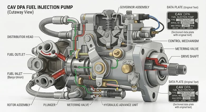 Sơ đồ cắt ngang kỹ thuật của bơm phun nhiên liệu diesel CAV, thể hiện rôto, đầu phân phối, pít tông, cụm điều tốc, cửa nạp nhiên liệu, cửa xả nhiên liệu, trục dẫn động và cơ cấu điều khiển